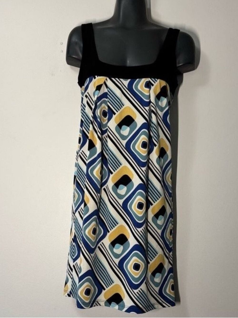 Vintage x Khaki Krew Blue and Black Sleeveless Scoop Neck Mini Sundress Small